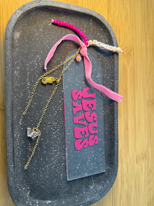 Gold and Hot Pink  "Jesus Saves" Charmed Acrylic Bookmark