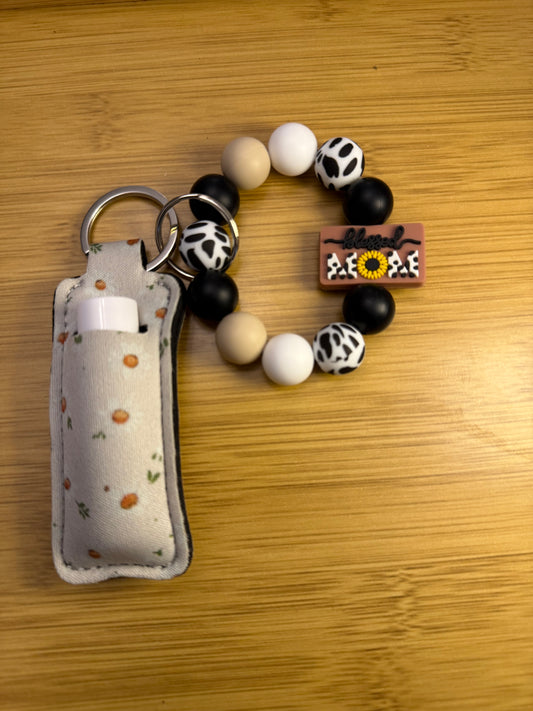 Black, White, and Tan  "Blessed Mama" Keychain Wristlet