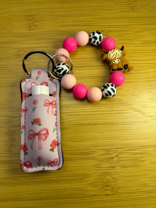 Pink  Highland Cow Keychain Wristlet