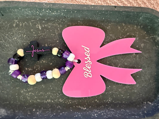 Blessed 13 Pink and Purple  Bow Rearview Mirror Hanger