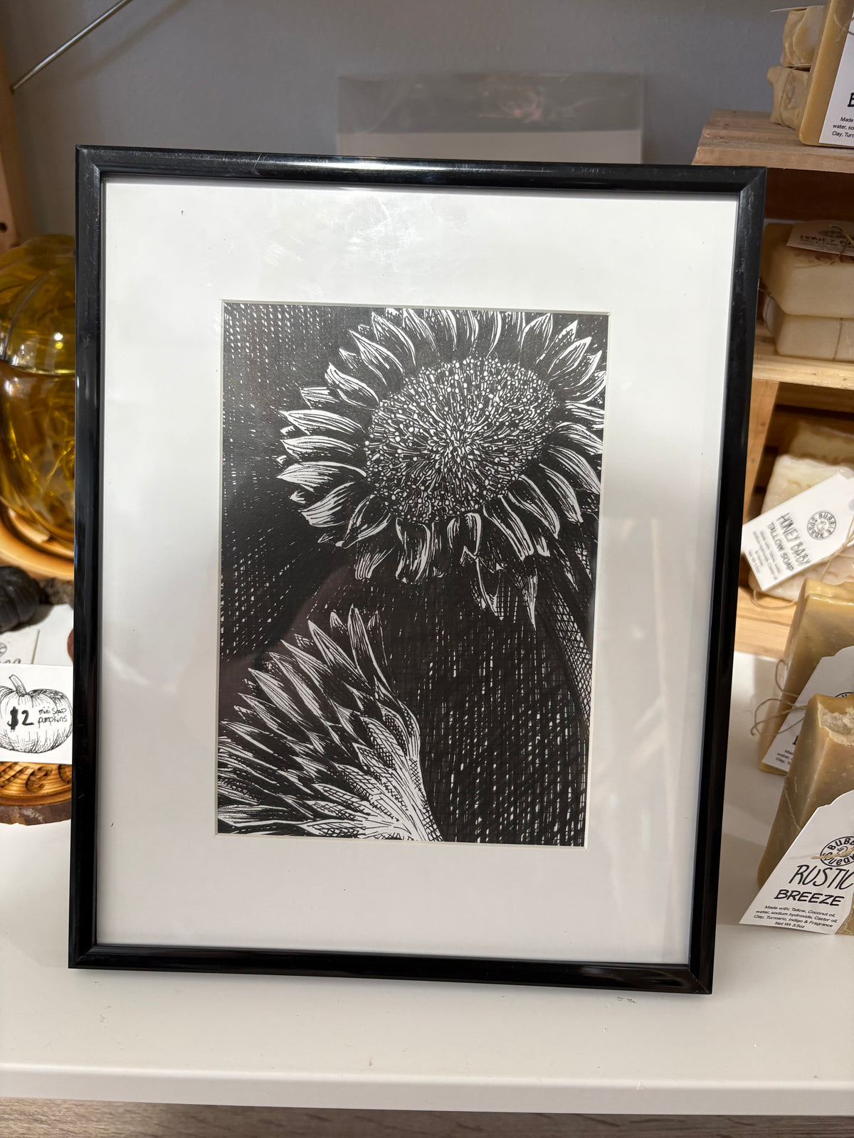 Sunflower Original Framed Pen Drawing 8x10